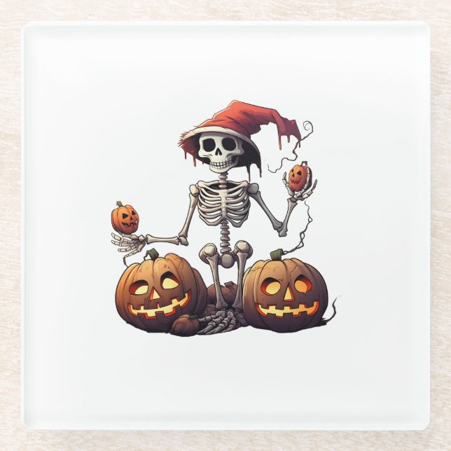 Cute Skeleton Halloween Witch Pumpkin  Glass Coaster (Front)