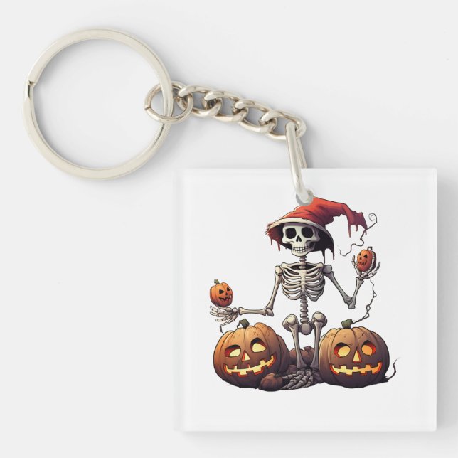 Cute Skeleton Halloween Witch Pumpkin  Key Ring (Front)