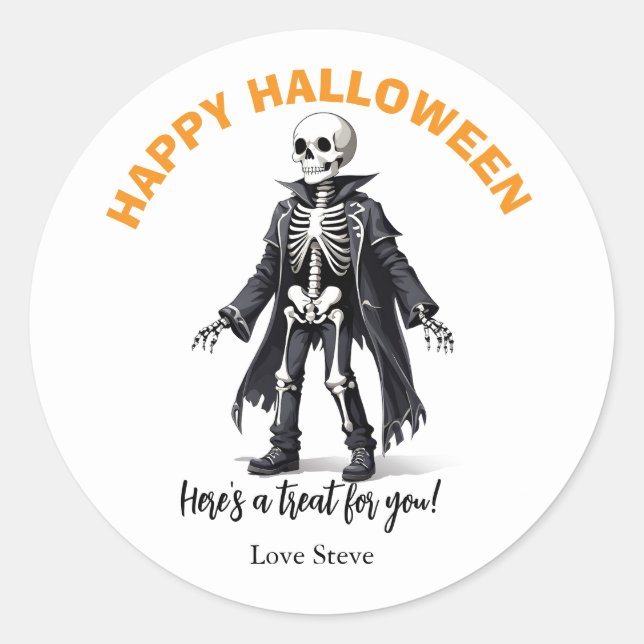  Cute skeleton  Happy Halloween friendly pumpkins Classic Round Sticker (Front)