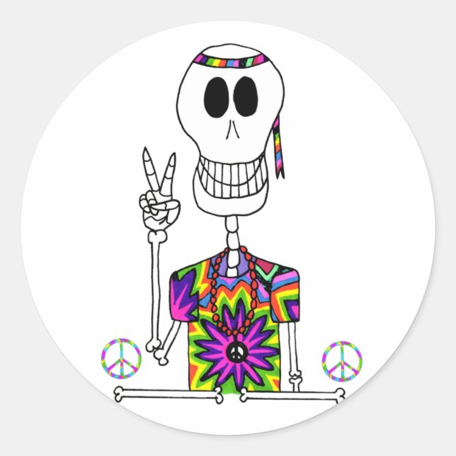 Cute Skeleton Hippie in Tie Dye with Peace Sign Classic Round Sticker (Front)