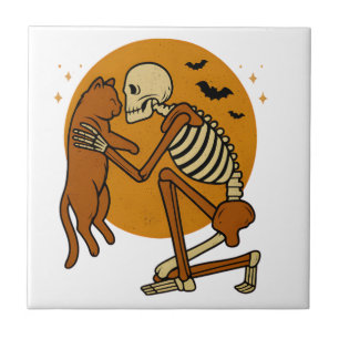Cute Skeleton Hugging Cat Gothic Halloween Design Ceramic Tile