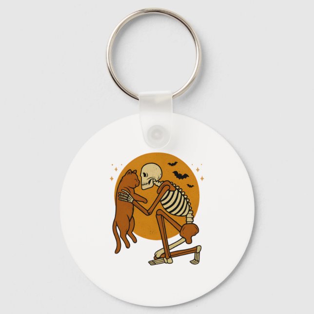 Cute Skeleton Hugging Cat Gothic Halloween Design Key Ring (Front)