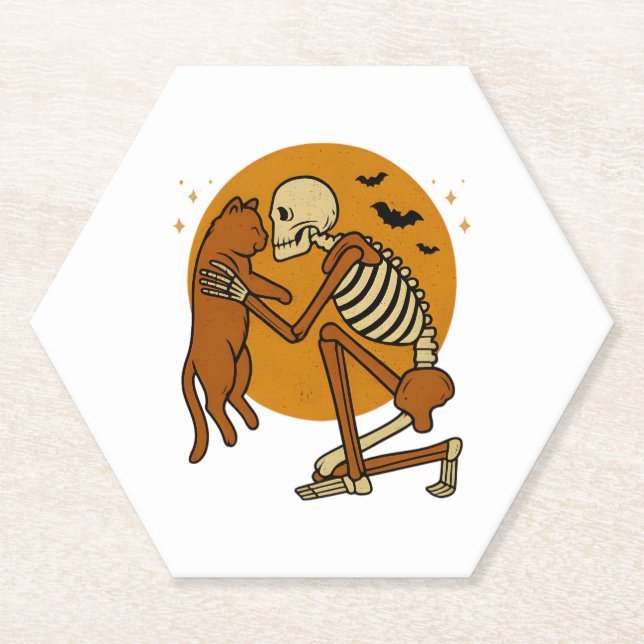 Cute Skeleton Hugging Cat Gothic Halloween Design Paper Coaster (Front)