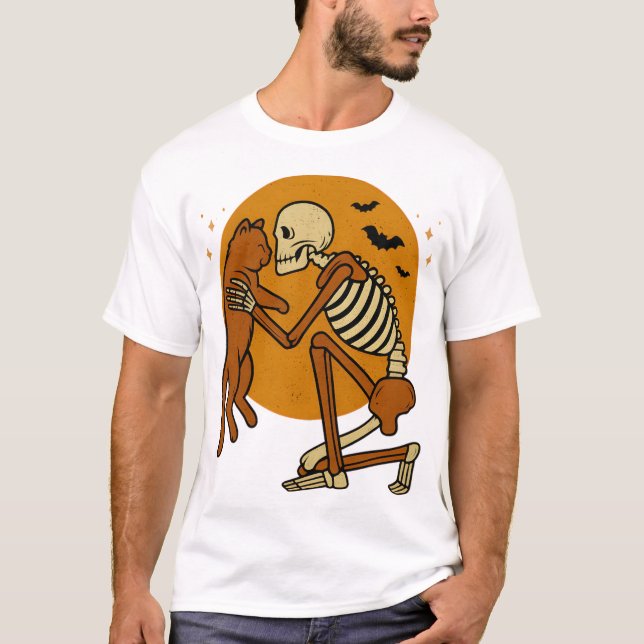 Cute Skeleton Hugging Cat Gothic Halloween Design T-Shirt (Front)