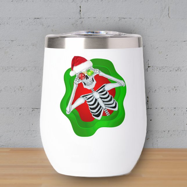 Cute Skeleton in Bright Red Green Splatter Xmas (Cute Christmas skeleton in green and red splatter shape with ornaments on thermal drink tumbler.)