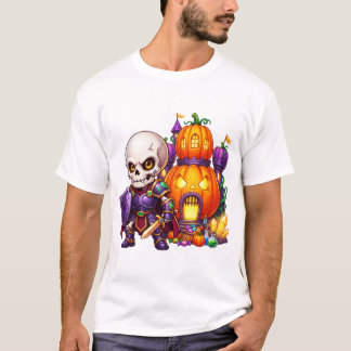 Cute Skeleton Knight Pumpkin Castle Halloween T-Shirt