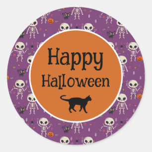 Cute Skeletons and Cat Halloween Purple and Orange Classic Round Sticker