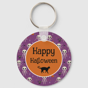Cute Skeletons and Cat Halloween Purple and Orange Key Ring