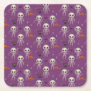 Cute Skeletons Halloween Pattern Purple Square Paper Coaster