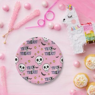 Cute Skeletons Pink For Halloween Paper Plate