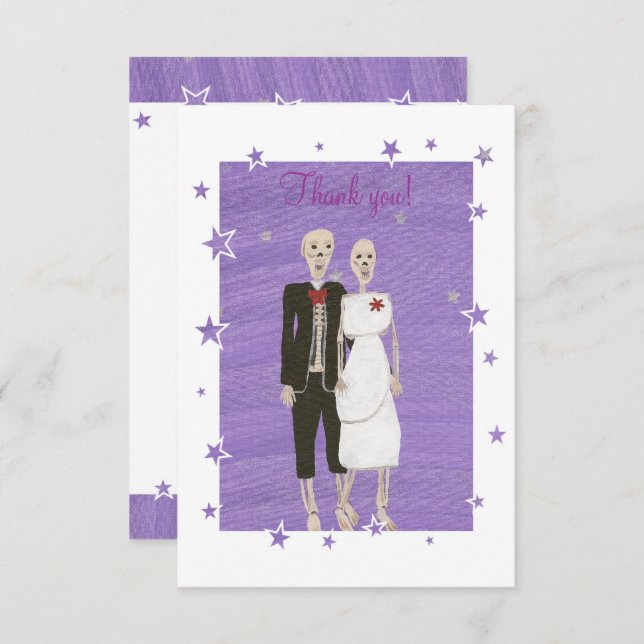 Cute Skeletons Thank you cards, Halloween Wedding (Front/Back)
