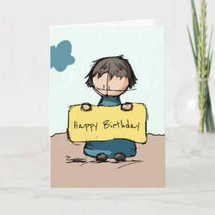 Cute Sketch Boy with a Sign Happy Birthday Card