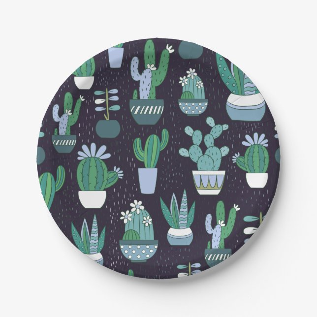 Cute sketchy illustration of cactus pattern paper plate (Front)