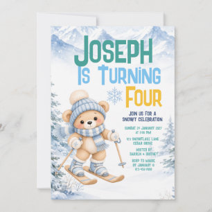 Cute Ski Bear Winter 4th Birthday Party Invitation
