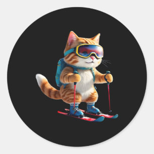 Cute Skiing Cat Funny Winter Snow Sports Gift Men Classic Round Sticker