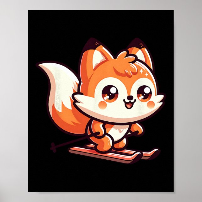 Cute Skiing Fox Kawaii Alpine Slope Winter Fun  Poster (Front)