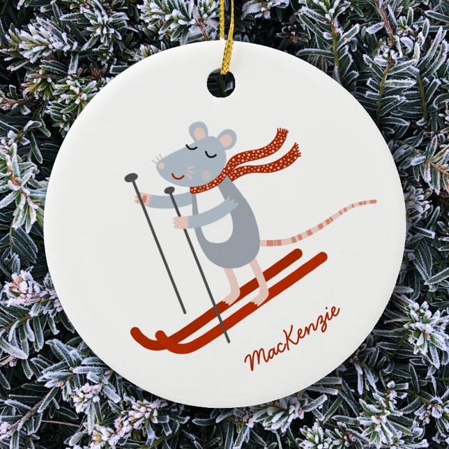 Cute Skiing Mouse Personalised Ceramic Ornament (Creator Uploaded)