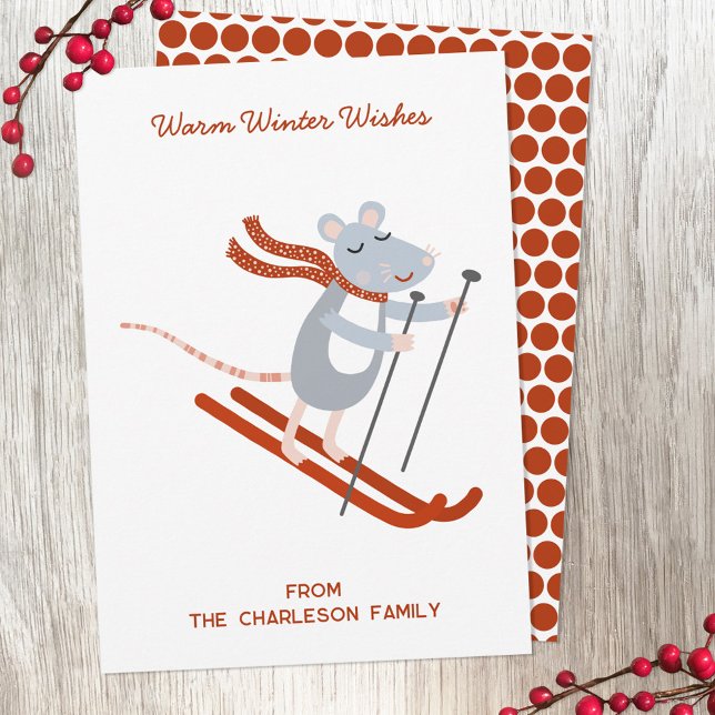 Cute Skiing Mouse Personalised Holiday Card (Creator Uploaded)