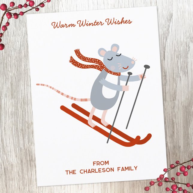 Cute Skiing Mouse Personalised Holiday Postcard (Creator Uploaded)