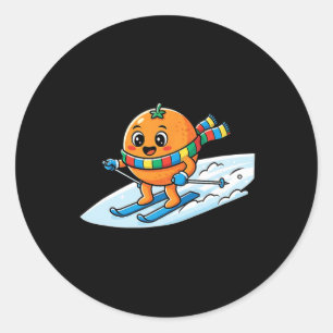 Cute Skiing Orange Fruit Alpine Snow Cartoon Classic Round Sticker