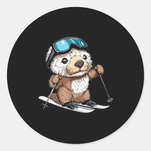 Cute skiing sea otter  classic round sticker (Front)