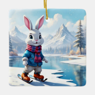 Cute Skiing White Winter Rabbit Ceramic Ornament
