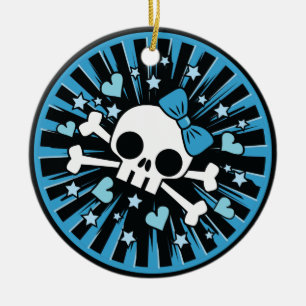 Cute Skull and Crossbones Light Blue Ceramic Ornament