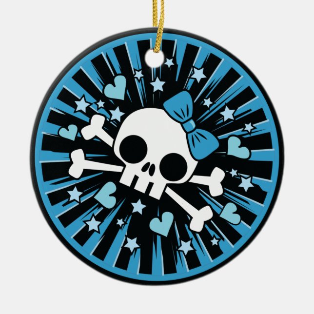 Cute Skull and Crossbones Light Blue Ceramic Ornament (Front)