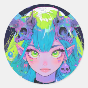 Cute Skull and Horns Punk Rock Anime Girl Classic Round Sticker