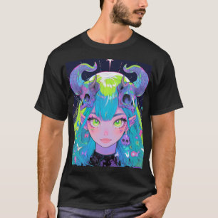 Cute Skull and Horns Punk Rock Anime Girl T-Shirt