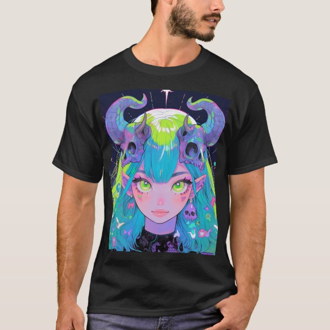 Cute Skull and Horns Punk Rock Anime Girl T-Shirt (Front)