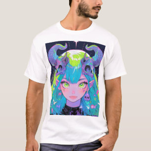 Cute Skull and Horns Punk Rock Anime Girl T-Shirt