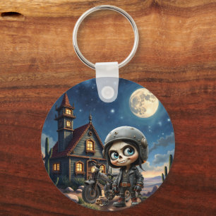 Cute Skull Biker   Moonlit Ride Through the Desert Key Ring