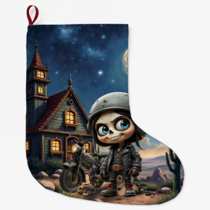 Cute Skull Biker Moonlit Ride Through the Desert Large Christmas Stocking