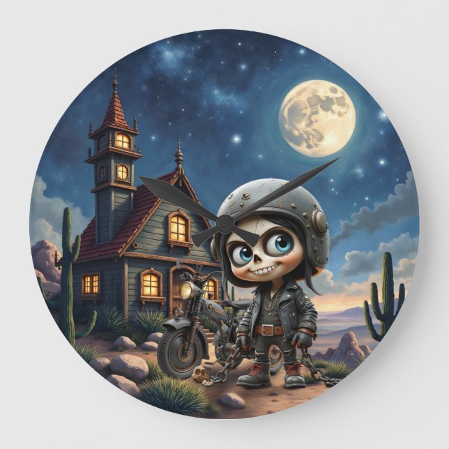 Cute Skull Biker | Moonlit Ride Through the Desert Large Clock (Front)