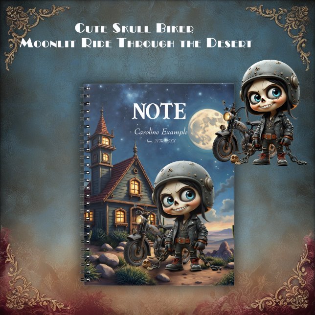 Cute Skull Biker | Moonlit Ride Through the Desert Notebook (Creator Uploaded)