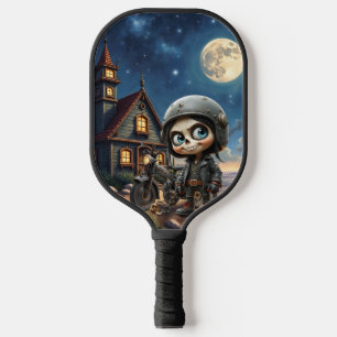 Cute Skull Biker Moonlit Ride Through the Desert Pickleball Paddle