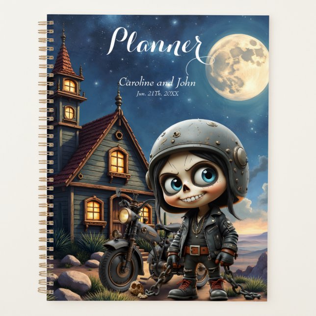 Cute Skull Biker | Moonlit Ride Through the Desert Planner (Front)
