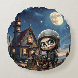Cute Skull Biker Moonlit Ride Through the Desert Round Cushion