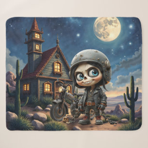 Cute Skull Biker Moonlit Ride Through the Desert Sherpa Blanket
