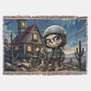 Cute Skull Biker Moonlit Ride Through the Desert Throw Blanket