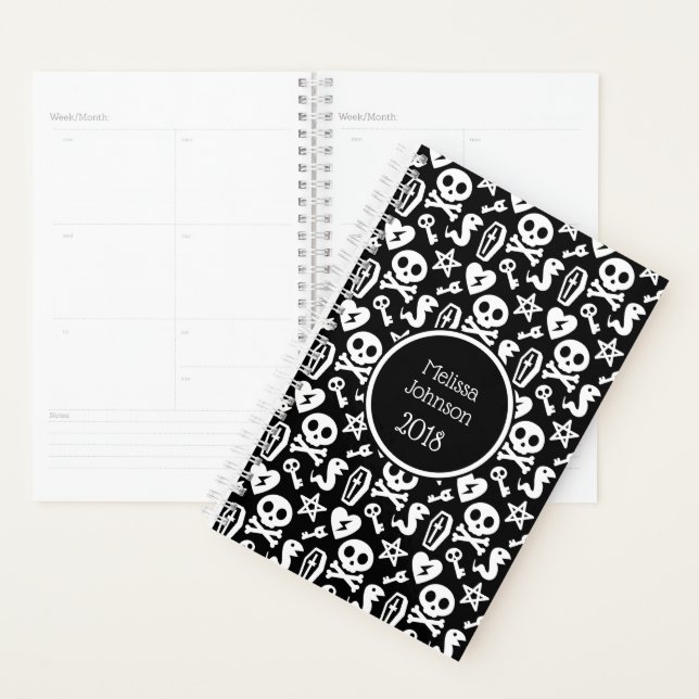 Cute Skull Black & White Pattern Personalised Name Planner (Display)