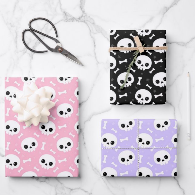 Cute Skull & Bones Halloween Patterns Wrapping Paper Sheet (Front)
