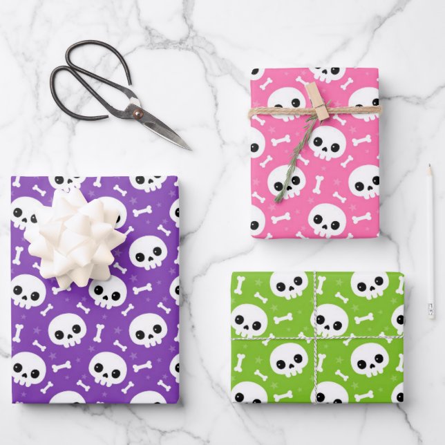 Cute Skull & Bones Halloween Patterns Wrapping Paper Sheet (Front)