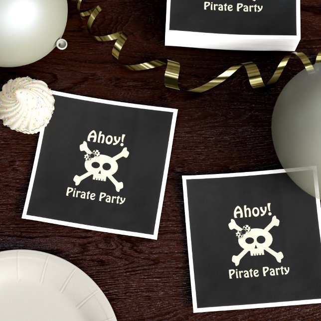 Cute Skull & Crossbones Black Pirate Party Napkins (Ahoy Me Lovelies! Here's cute pirate skull and crossbones with a spotted hair bow paper napkins. )