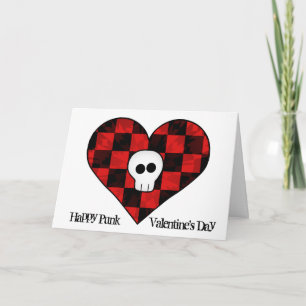 Cute skull in red chequered heart holiday card