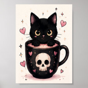 Cute Skull Mug Black Cat Halloween Poster