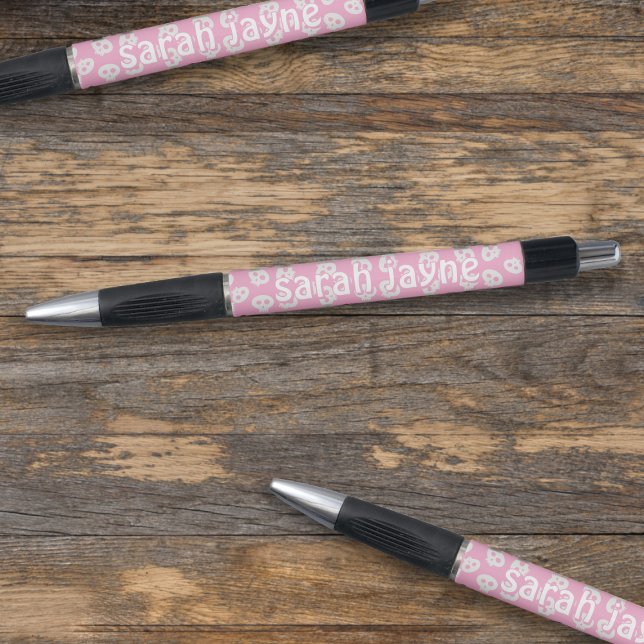 Cute Skull Pattern Name Pink Personalised Pen (Just add your name to these cute pink skull pattern pens)