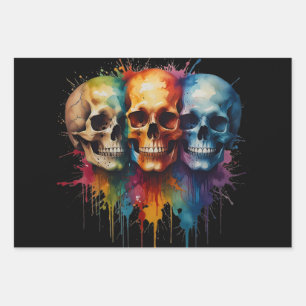 Cute Skull Watercolour with Paint Splattered Wrapping Paper Sheet