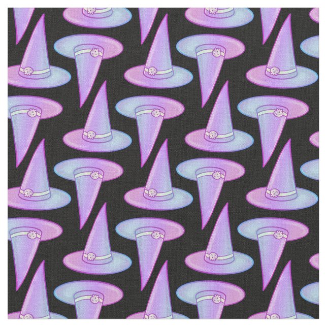 Cute Skull Witch Hat Purple Blue Drawing Pattern Fabric (Close Up)
